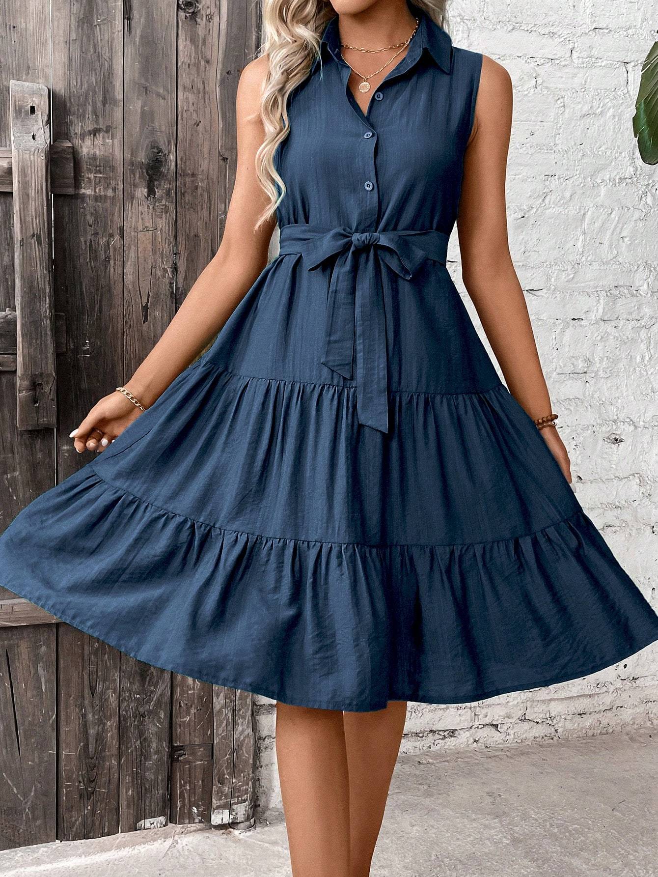 Ruffle Hem Belted Shirt Dress Maxi Vacation Beach Outfits Women