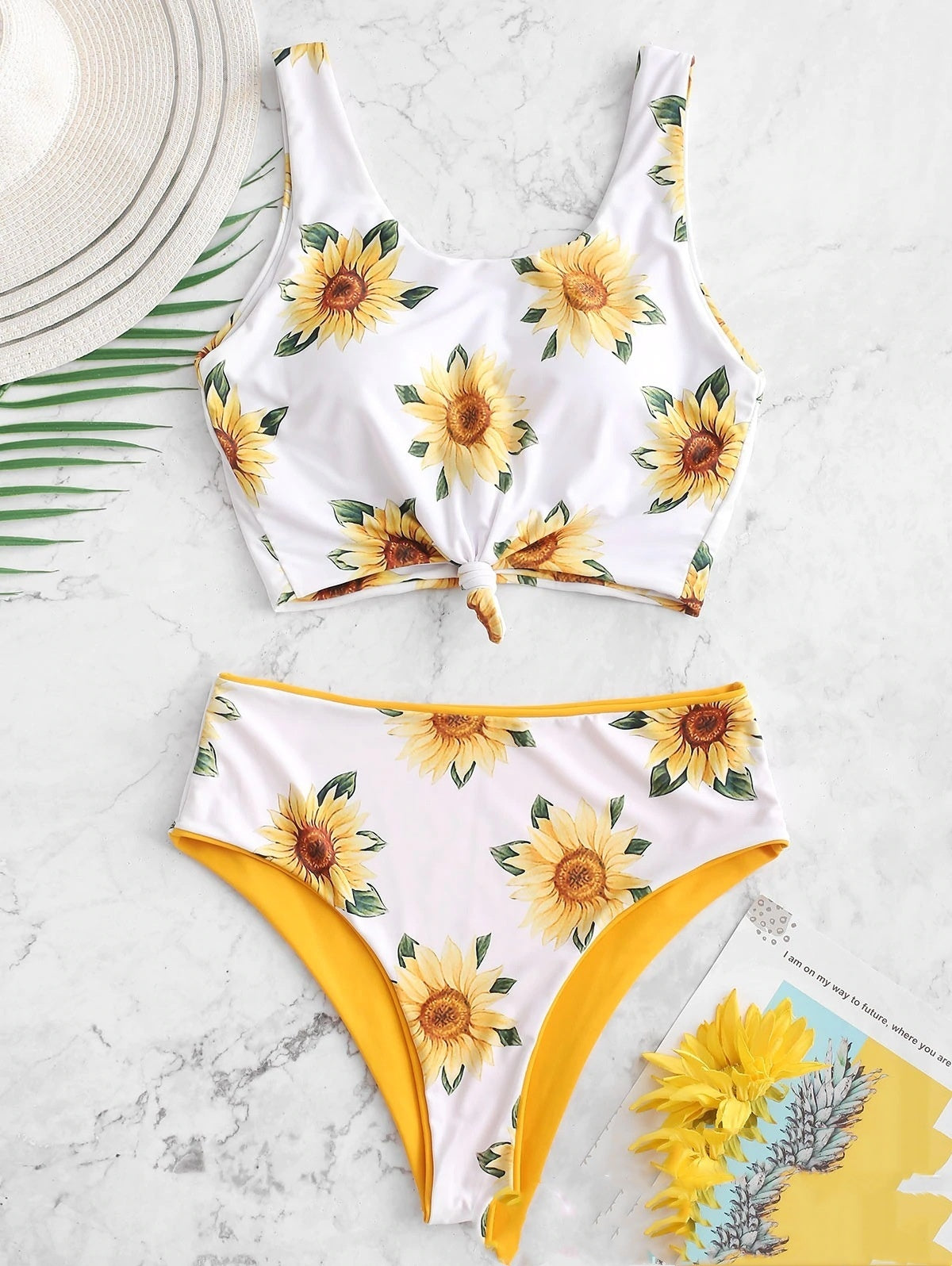 Traje de baño dividido de bikini con estampado de girasol para mujer