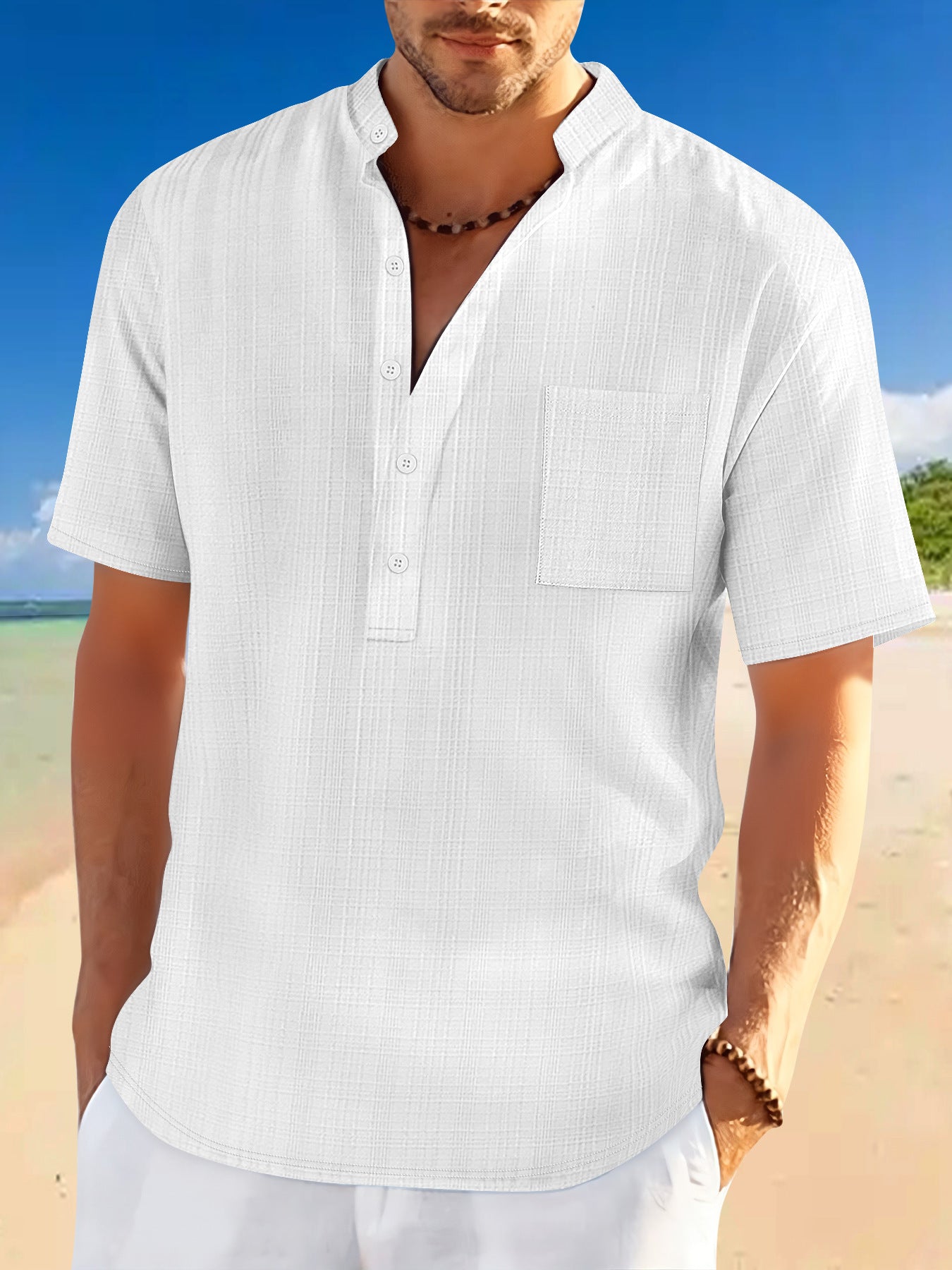 Camisa Henley holgada de manga corta con cuello alto para vacaciones y tiempo libre