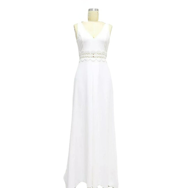 Mono largo elegante de encaje informal ajustado con cuello en V sin mangas de verano para mujer, monos blancos para mujer, moda coreana