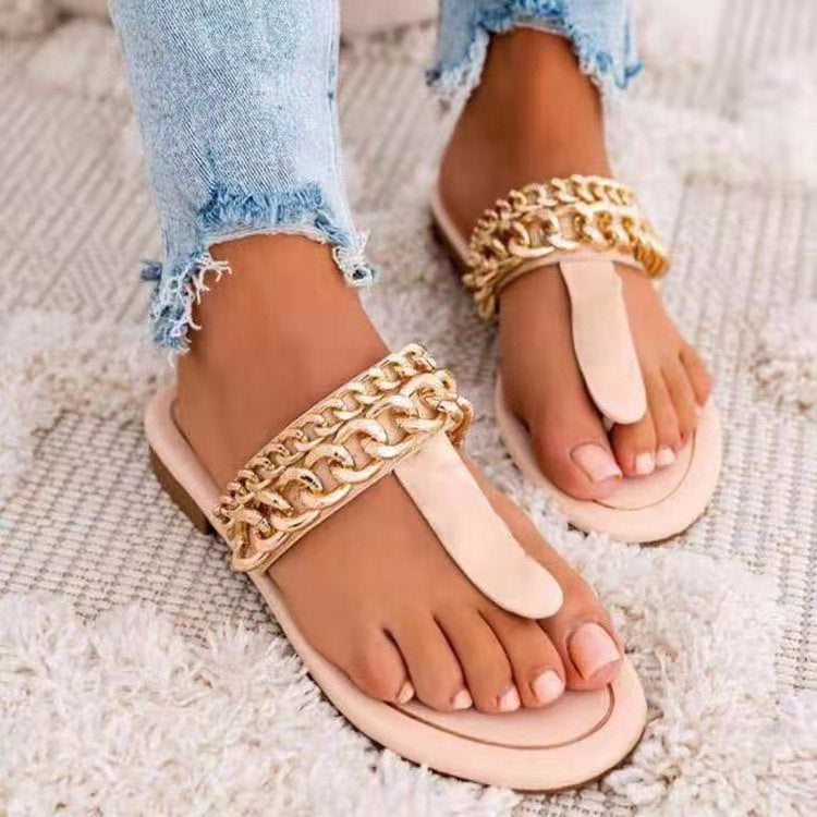 Breathable Flat Bottom Chain Adult Font Beach Slippers Women