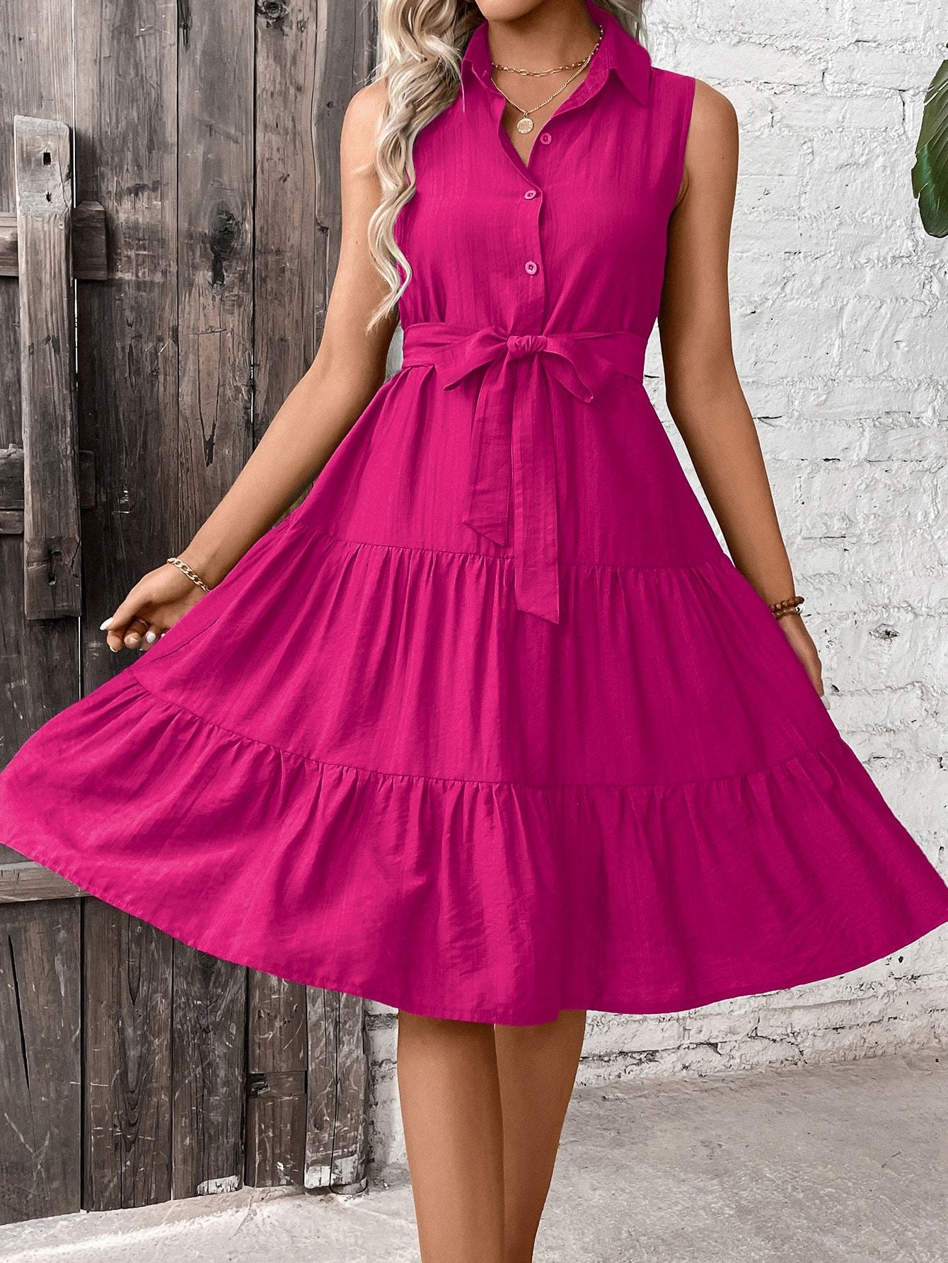 Ruffle Hem Belted Shirt Dress Maxi Vacation Beach Outfits Women