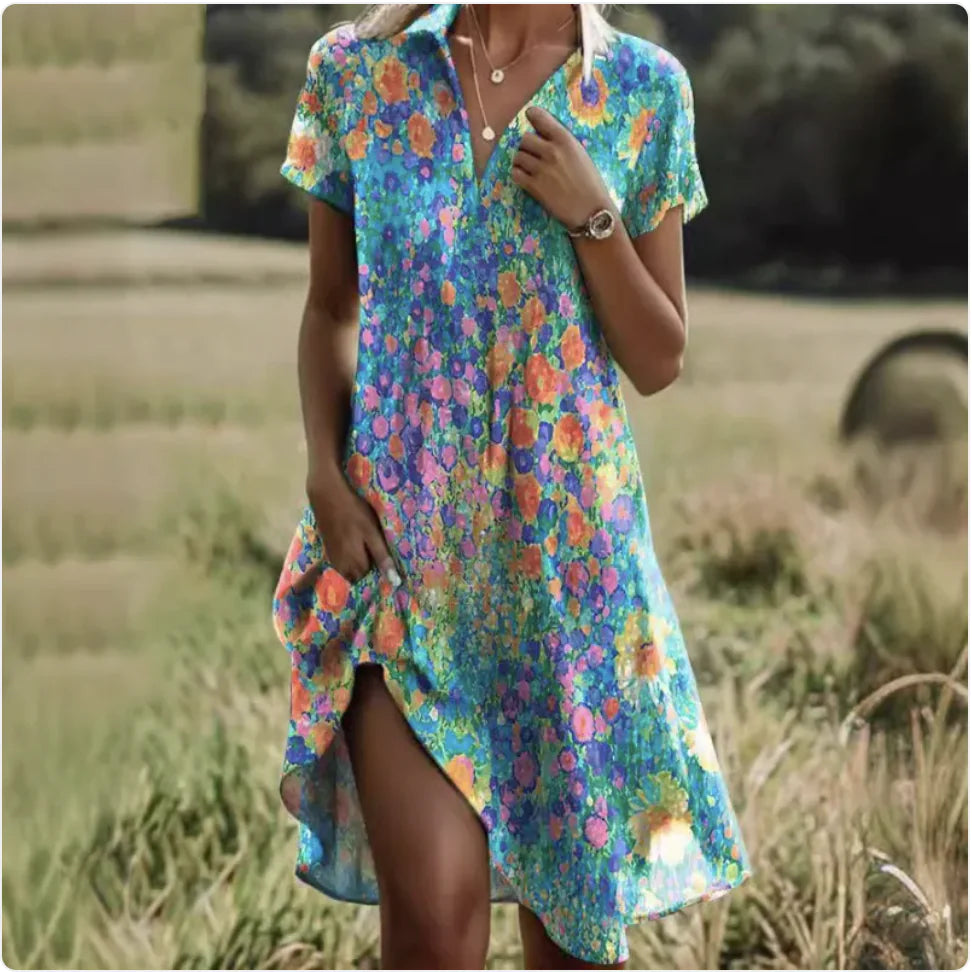 Bohemian Print Short-Sleeve Dress