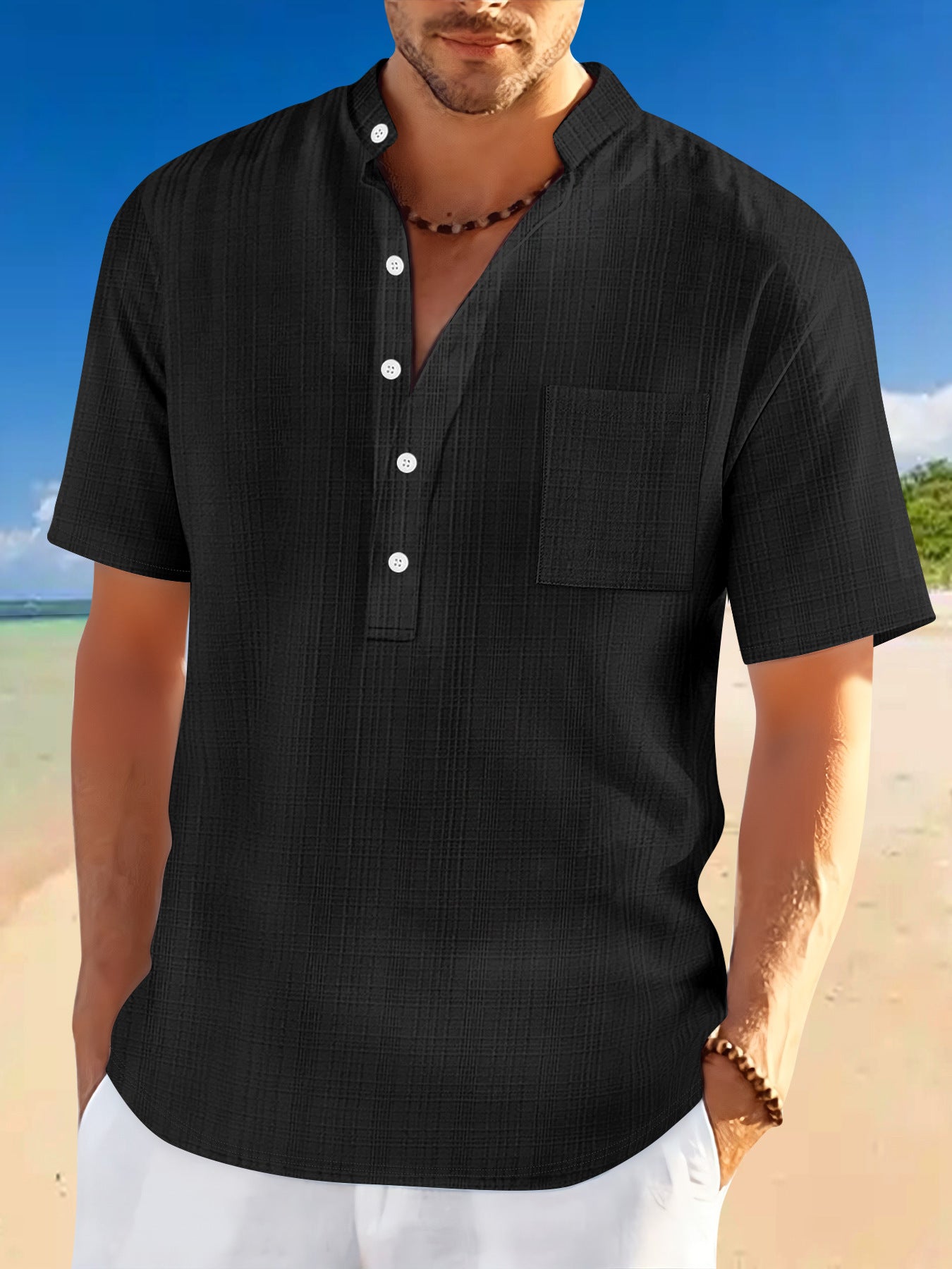 Stand Collar Short Sleeve Loose Leisure Vacation Henley Shirt