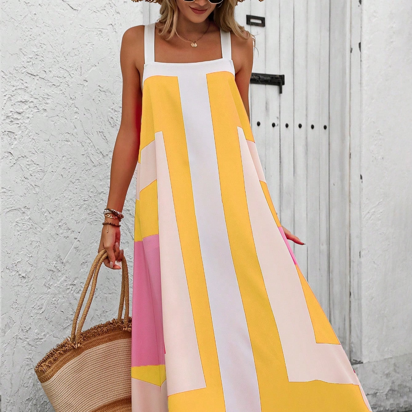 Women's Minimalist Asymmetrical Printed Spaghetti Strap Dress For Daily Wear Maxi Vacation Beach Outfit