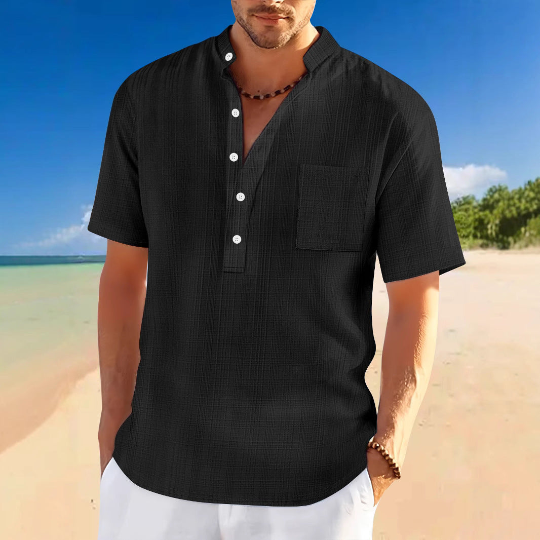 Stand Collar Short Sleeve Loose Leisure Vacation Henley Shirt