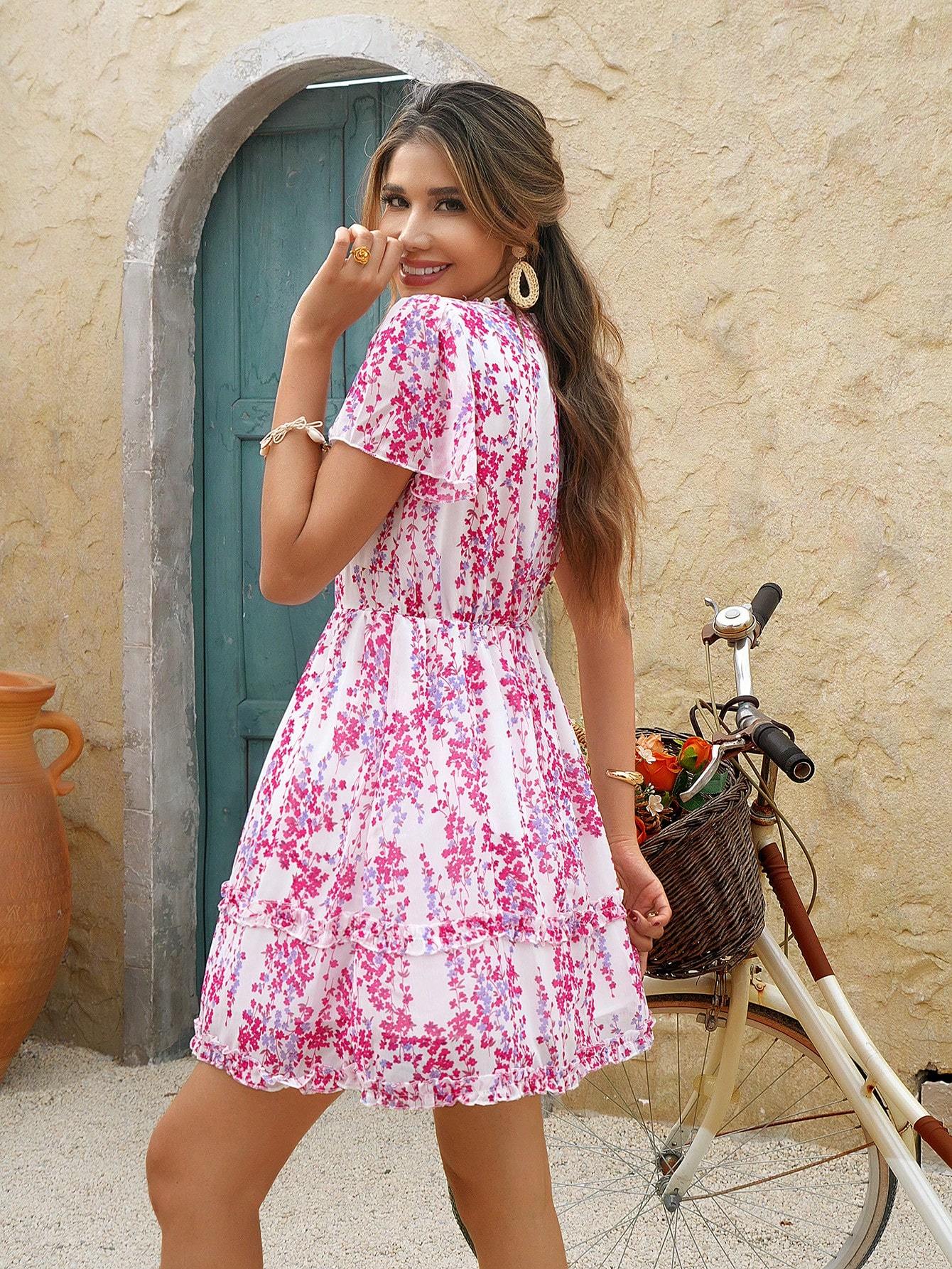 Floral Print Lettuce Trim Dress Vacation Beach Outfits Women