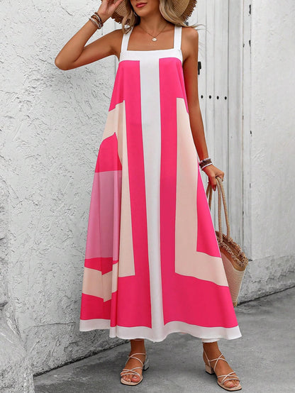 Women's Minimalist Asymmetrical Printed Spaghetti Strap Dress For Daily Wear Maxi Vacation Beach Outfit