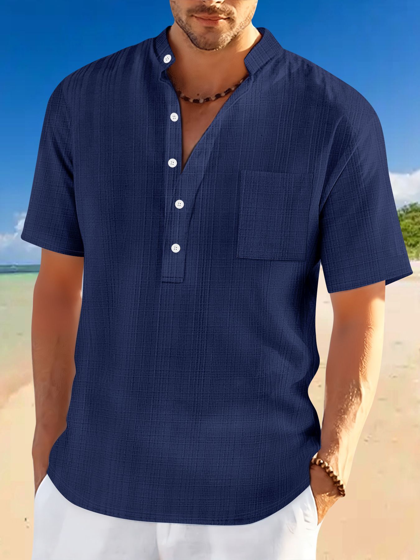Stand Collar Short Sleeve Loose Leisure Vacation Henley Shirt